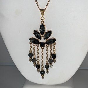 Gold Tone Chain Necklace W/Silver Crystals & Gray Bead Chandelier Pendant (NA30)